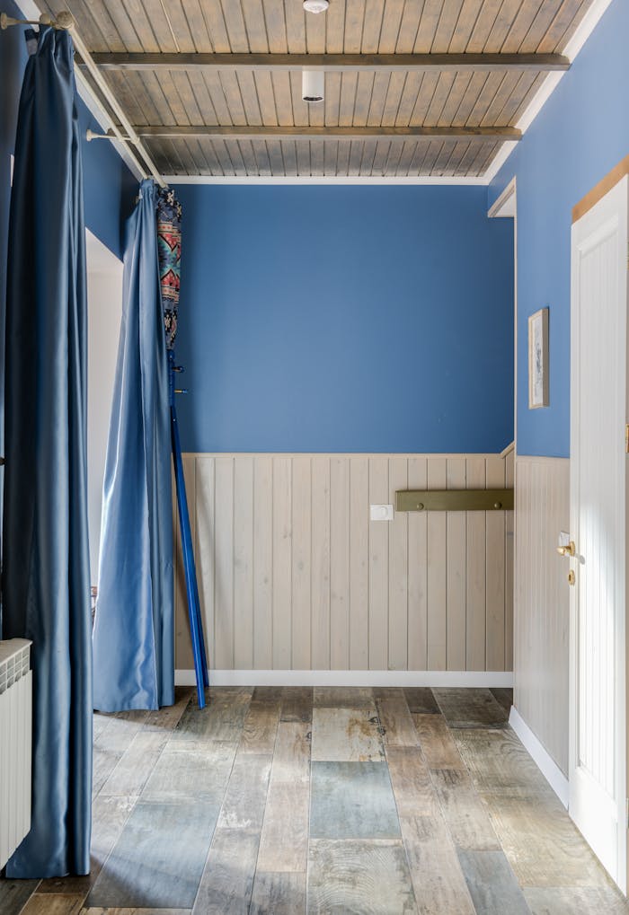 Elegant and simple hallway design featuring blue walls and wooden flooring for a modern look.